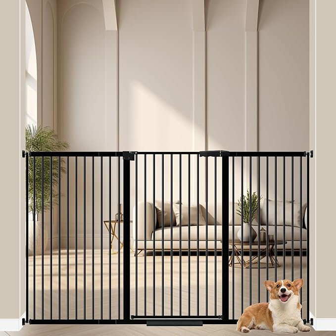 WAOWAO 40.55" Extra Tall 1.37" Ultra Narrow Spacing 61.61-69.49" Extra Wide Dogs Pets Baby Gate Safety Indoor Puppy Pressure Mounted Gate No Drill Black Metal for Stairs,Doorways,Kitchen,Hallway