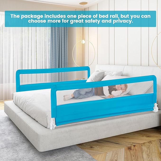 HONEY JOY Bed Rail for Toddlers, 71-in Extra Long, Portable Safety Bed Guardrail w/Double Safety Child Lock, Foldable Baby Bed Rail Guard, Fit King & Queen Full Twin Size Bed Mattress(Blue, Pack 1)