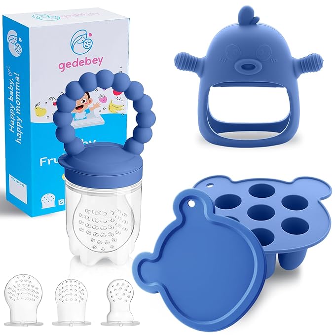 Baby Fruit Feeder & Breastmilk Popsicle Mold Set – 3 Pack Silicone Teething Relief Kit with Food Feeder Pacifier, Freezer Tray with Lid & Baby Teether Toy (Steel Blue)