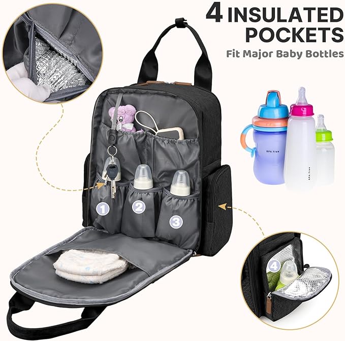 Diaper Bag Backpack - Large Diaper Bag with Portable Changing Pad as Baby Shower Gifts, Lightweight Waterproof Unisex Travel Baby Bag with 4 Insulated Pockets and Stroller Buckles, Black