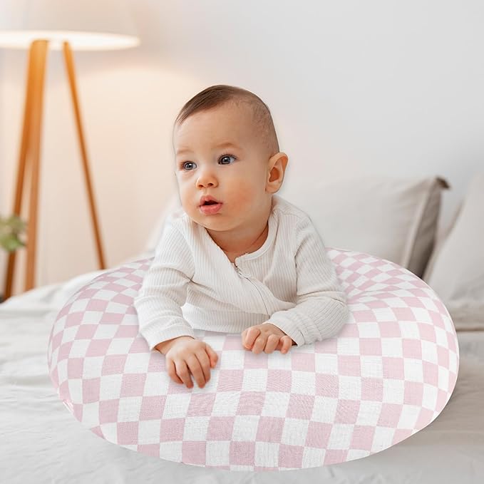 SWESEN Muslin Nursing Pillow Cover, Soft Removable Cover for Breastfeeding Pillows, Pillow Slipcover for Baby Boys and Girls, Comfortable & Breathable, Pink Plaid, Washable (Only Cover)