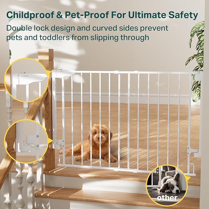 Cumbor 2 Pack 29.2-43" No Bottom Bar Baby Gate for Stairs, 2-in-1 Auto Close Dog Gate Indoor, Hardware Mounted Pet Gate for Doorways with Large Walk Thru Door, Child-Proof Safety Gate for Kids (White)