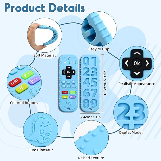 Teething Baby Toys 3-6 Months, Soft Silicone Remote Control Teethers Toys for Babies 6 to 12 Months, Teething Infant Chew Set for Newborn Boys Girls Baby Shower Gifts, Blue