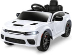 12V 7Ah Kids Electric Ride on Car, Licensed Dodge Charger SRT Hellcat, Battery Powered 4-Wheels Toy Car Electric Vehicle for Kids with Remote Control, 3 Speeds, LED Lights, Music (White)
