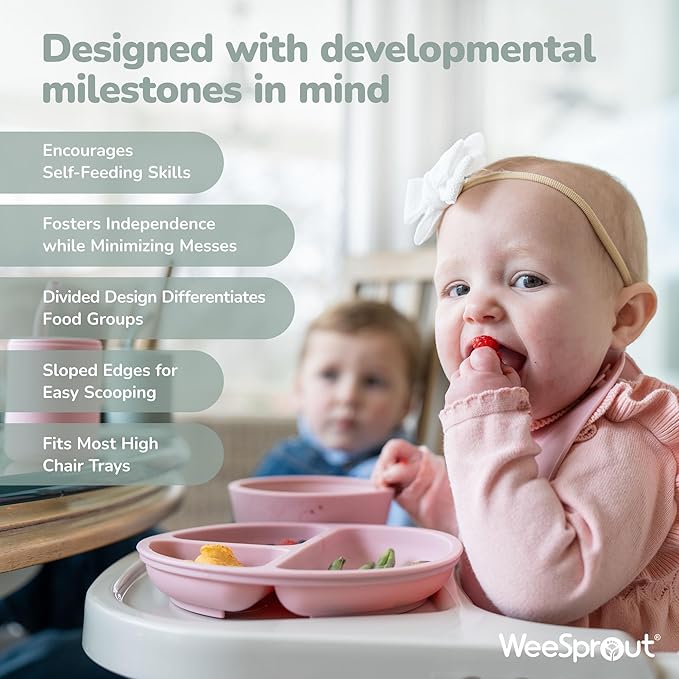 WeeSprout Suction Plates for Babies With Lids & Toddlers - 100% Silicone, Dinnerware Stays Put, Divided Design for Picky Eaters, Microwave & Dishwasher Friendly, 3 Pack