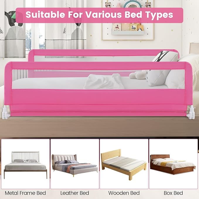 HONEY JOY Bed Rail for Toddlers, 71-in Extra Long, Portable Safety Bed Guardrail w/Double Safety Child Lock, Foldable Baby Bed Rail Guard, Fit King & Queen Full Twin Size Bed Mattress(Pink, Pack 1)