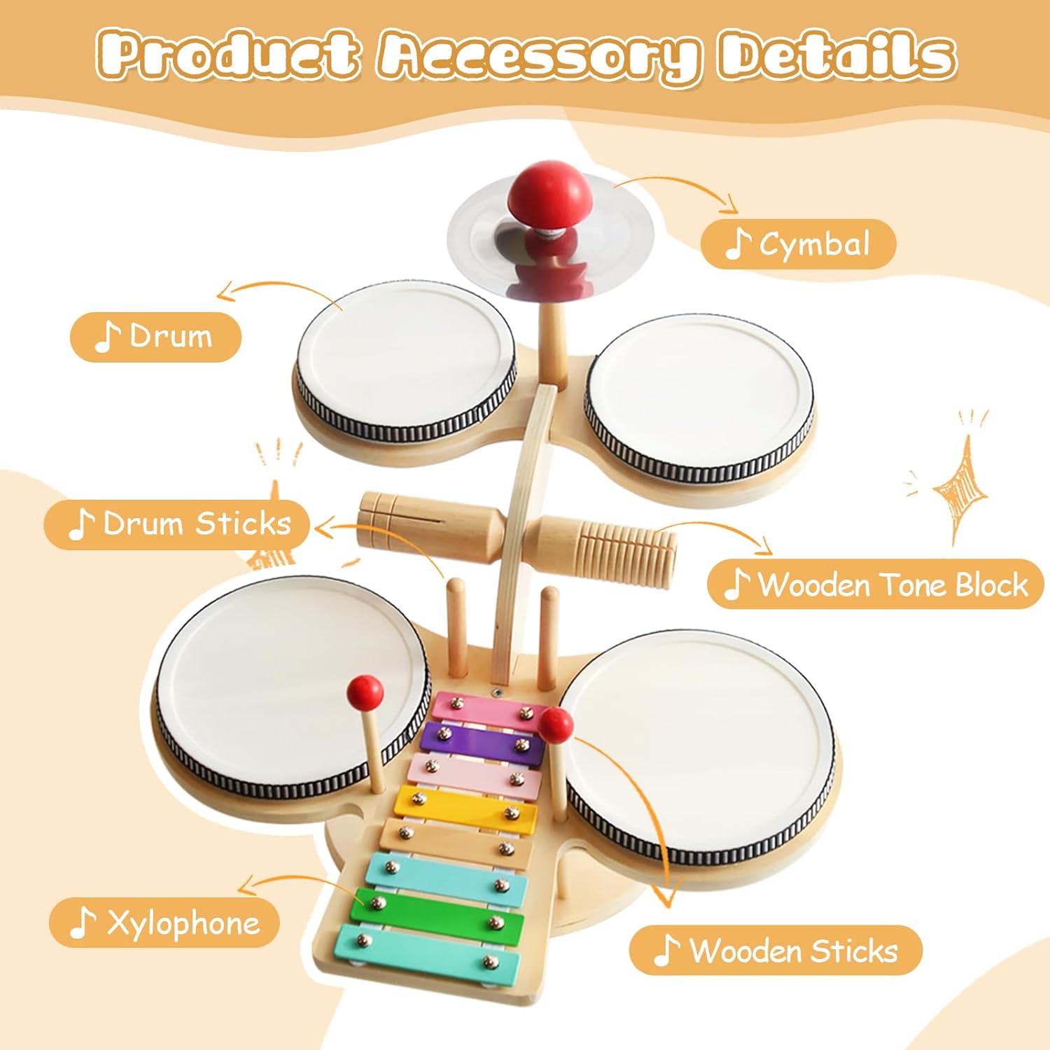 Kids Drum Set for Toddlers - 7 in 1 Montessori Kids Musical Instruments Preschool Educational Toys, Xylophone Tambourine Birthday Gifts for Boys and Girls, Drum Set for Toddlers 3-5