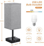 Gray Fully Dimmable Nightstand Lamps Set of 2 - Table Bedside Lamp with USB C+A Charging Ports & 2 AC Outlets, Square Lamp Sets Linen Fabric Shade for Bedroom Living Room(Bulb Included)