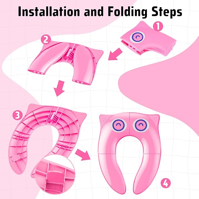 Portable Potty Seat for Toddler Travel - Foldable Non-Slip Potty Training Toilet Seat Cover for Girls, Baby Kids with Drawstring Bag (Pink Owl)