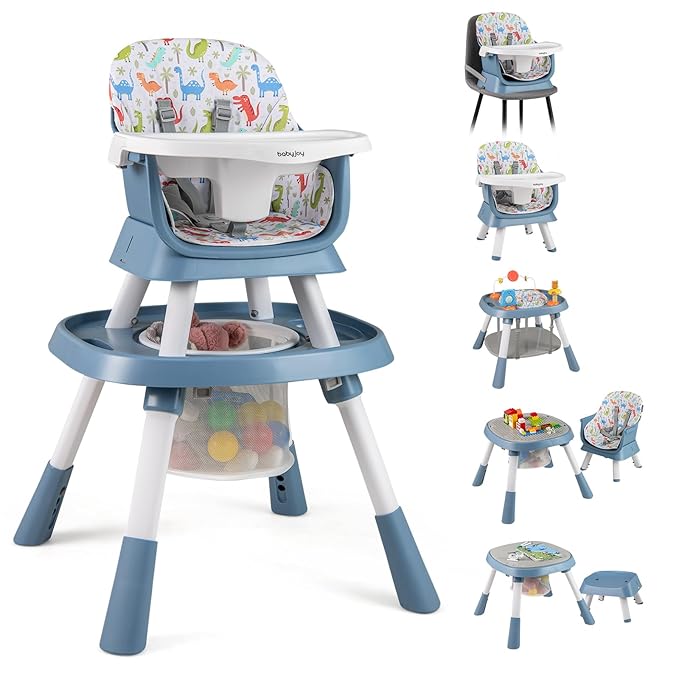BABY JOY 16 in 1 High Chair, Convertible Baby Highchair for Babies and Toddlers with Activity Center, Booster Seat, Building Block Table, Toddler Chair with Safety Harness, Removable Tray (Blue)