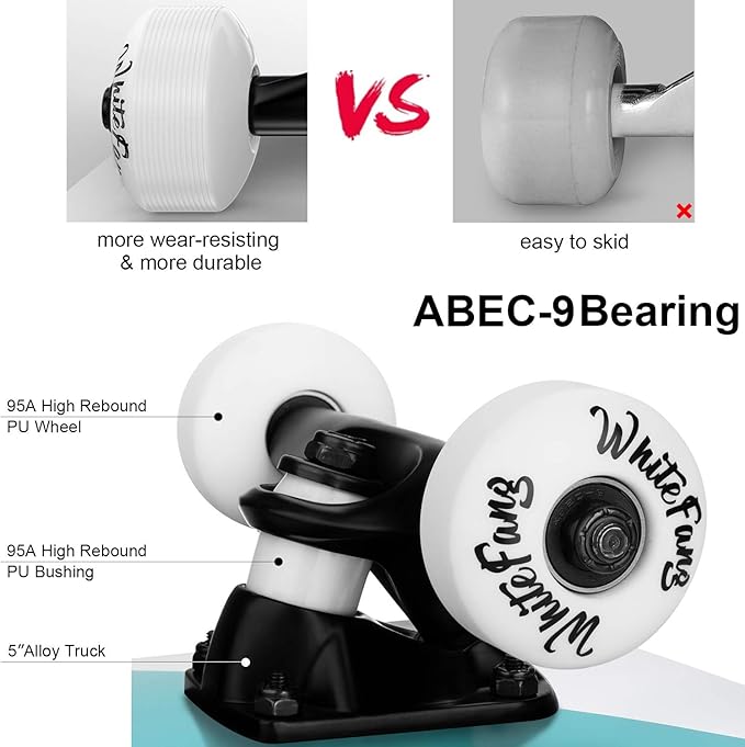 WhiteFang Skateboards for Beginners, Complete Skateboard 31 x 7.88, 7 Layer Canadian Maple Double Kick Concave Standard and Tricks Skateboards for Kids and Beginners