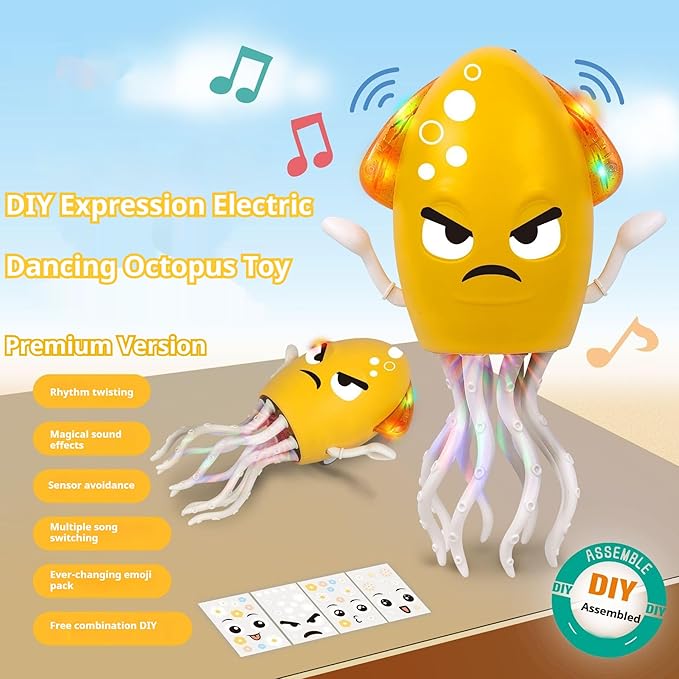 Dancing Octopus Toy Electric Crawling Baby Toy with Lights & Music Tummy Time Octopus Toy | DIY Expressions, Obstacle Avoidance | for Boys and Girls Party Gift Birthday, Christmas (Yellow)