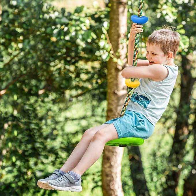 Tree Swing Rainbow Climbing Rope, Heavy Duty Swing Disc Seat Replacement for Kids with Hanging Strap and Platform Carabiners Indoor/Outdoor Playground Accessories (Leaf Green)