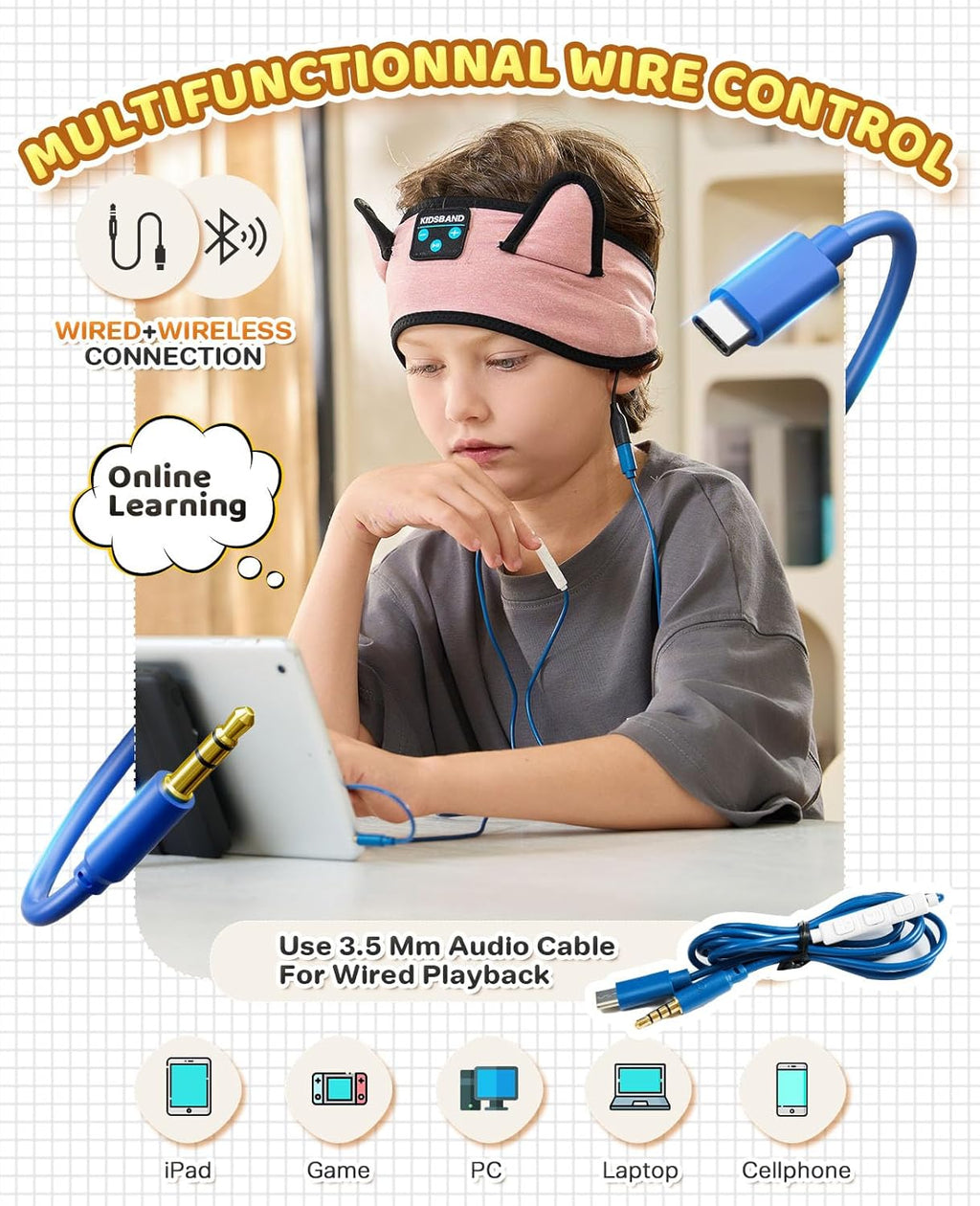 KIDSBAND Kids Headphones, Baby Headphones for Plane, Bluetooth Headphones Headband for Kids with Wired Playback 3.5 MM Jack for School Girls Boys Children,Kindle Tablet Cellphones Airplane Travel