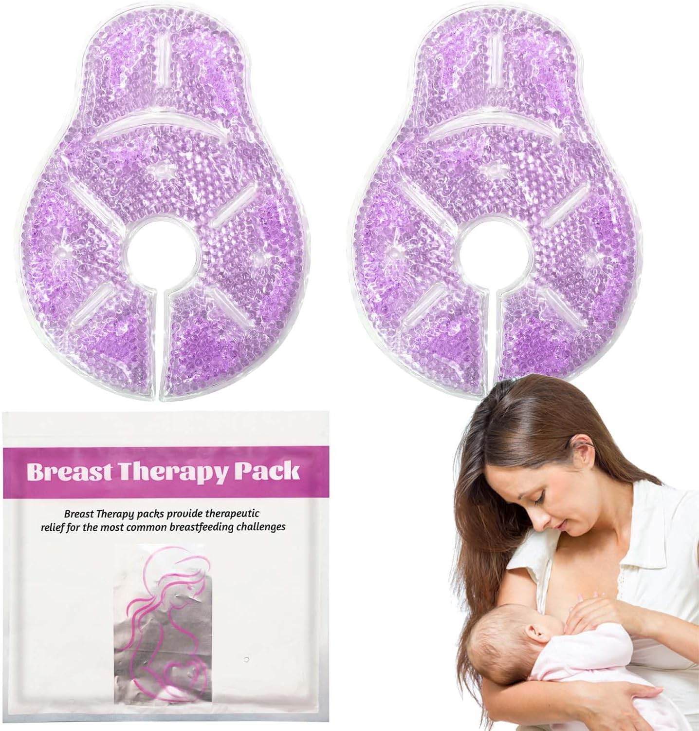 Breast Therapy Ice Packs, Hot and Cold Breast Pads, Breastfeeding Essentials Large Gel Bead Packs for Moms, 2 Pack (Purple, L)