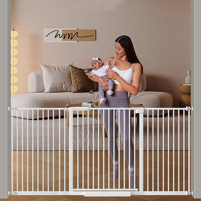 DEARBB Extra Wide Baby Gate Ultra Narrow Spacing 30.11-77.36" Pressure Mounted Double Lock Swing Auto Close Walk Through Metal Safety Pet Gate for Stairs and House Doorway Kitchen