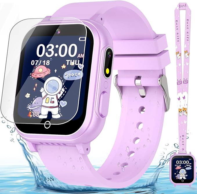 Kids Smart Watch Gift for Girls Ages 3-12, IP67 Waterproof, 32 Puzzle Games, HD Touchscreen Dual Camera Vedio Pedometer Music Player, Kids Watch Toy Birthday Gifts for Girls Ages 5 6 7 8 9 10 (Purple)