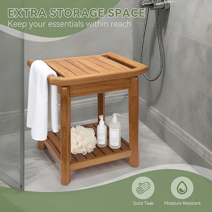 Teak Shower Bench-Solid Teak Wood Shower Chair with Towel Bars & Storage Shelf, Stable Non-Slip Bathroom Stool for Elderly & Recovery, Heavy Duty Shower Seat for Inside Shower & Tub Safety 17 inch