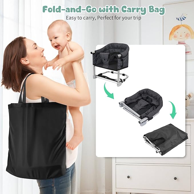 Booster Seat for Dining Table: Portable Toddler Booster Chair with Safety Buckle and Height Adjustable, Foldable Baby Feeding Chair, Kids High Chair Booster Seat for Kitchen Home Travel - Black