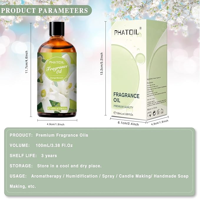PHATOIL 3.38FL.OZ Orange Blossom Fragrance Oils for Aromatherapy, Essential Oils for Diffusers for Home, Perfect for Diffuser, DIY Candle and Soap Making, DIY Scented Products - 100ml