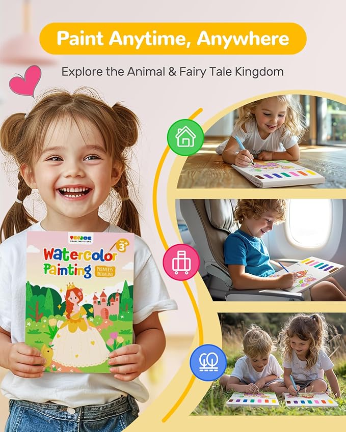 TECJOE Paint with Water Coloring Books for Toddlers, Princess Series Watercolor Set with 3 Brushes, Mess Free Painting Activity for Kids Ages 4 5 6 7 8, Arts & Crafts Toy