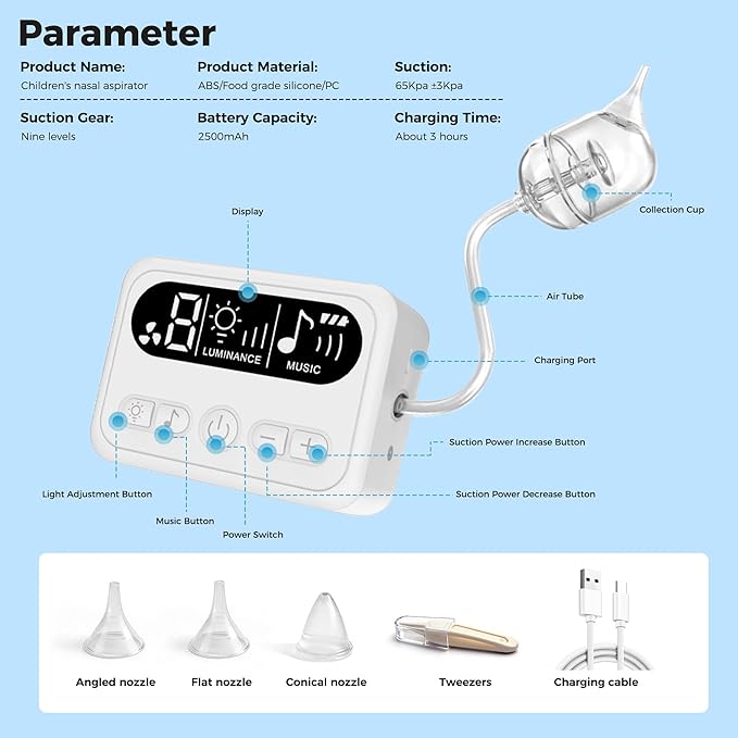 Nasal Aspirator for Baby, Baby Nose Sucker with 9 Suction Levels, Electric Nose Suction for Baby with Night Light, Can Play Lullabies, Equipped with 3 Food-Grade Silicone Nozzles and Tweezers (White)