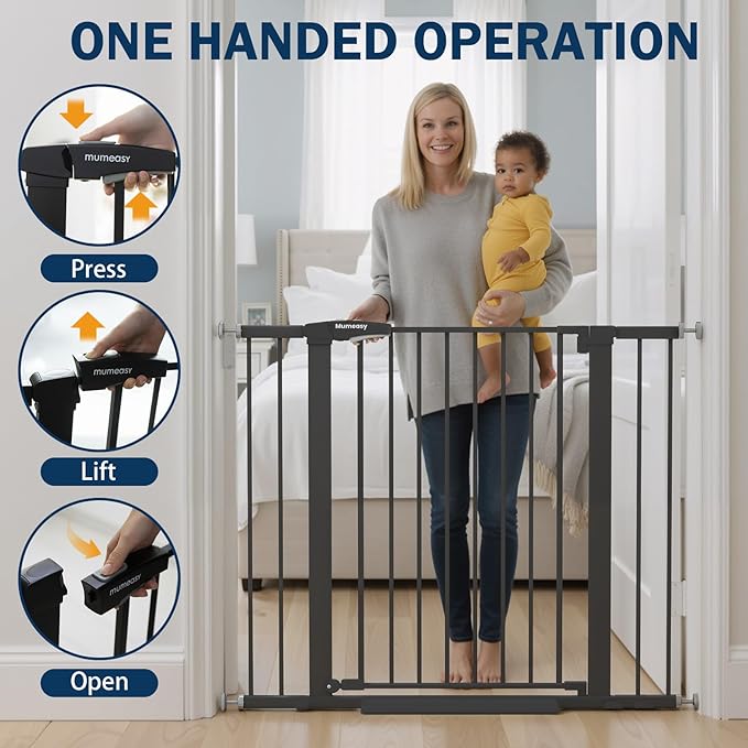 Baby Gate with Door, 26-40" Auto Close Dog Gate Indoor for Stairs Doorways, Easy Install Pressure Mounted Pet Gate, Easy Walk Through Child Safety Gate for The House, Black