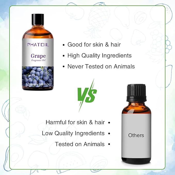 PHATOIL 3.38FL.OZ Grape Fragrance Oils for Aromatherapy, Essential Oils for Diffusers for Home, Perfect for Diffuser, Yoga, Skin Care, DIY Candle and Soap Making - 100ml
