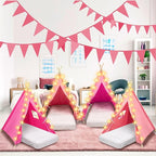 6 Pack Sleepovers Teepee Tent for Kids Bulk with Mattress Sheet Light,Natural Cotton Washable Indoor Play Tent for Birthday Slumber Party Girls Boys Pajama Movie Night Supplies(Pink, Rose Red)