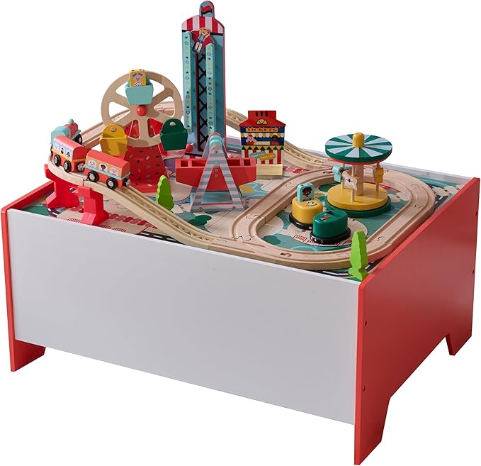 Teamson Kids Wooden Train Table – Carnival-Themed Amusement Park Playset with Ferris Wheel, Carousel & Train Track – Interactive Toy for Toddlers with Storage – Ages 3+