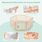 Foldable Wooden Playpen,Large Baby Gate Playpen with Child-Proof Lock-Easy Assembly, Portable Design for Babies & Toddlers- Shape& Size Adjustable Baby Fence Play Area(Wood, 6 Panel)