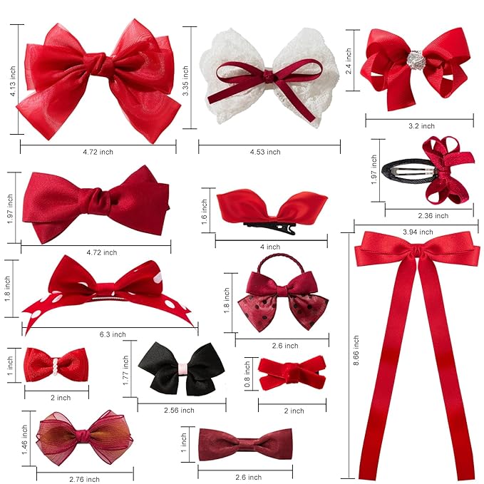 18pcs Red Hair Bows for Girls.Alligator Hair Clips,Hair-ties,Snap Clip Hairpins.Handmade Hair Accessories for Girls Gift Set