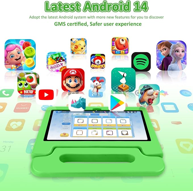 Tablet for Kids, 10.1 inch IPS HD Touchscreen Android 14 64 GB Storage, 8GB RAM, Octa Core Kids Tablet, Parental Controls, 12-hr Battery, WiFi, GPS - Green