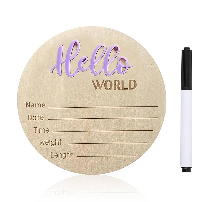 Baby Announcement Sign, 5.9 Inch Wooden Hello World Newborn Signs, Birth Announcement Sign, Baby Shower Hospital Nursery for Newborn Boys and Girls (Purple,Pen)