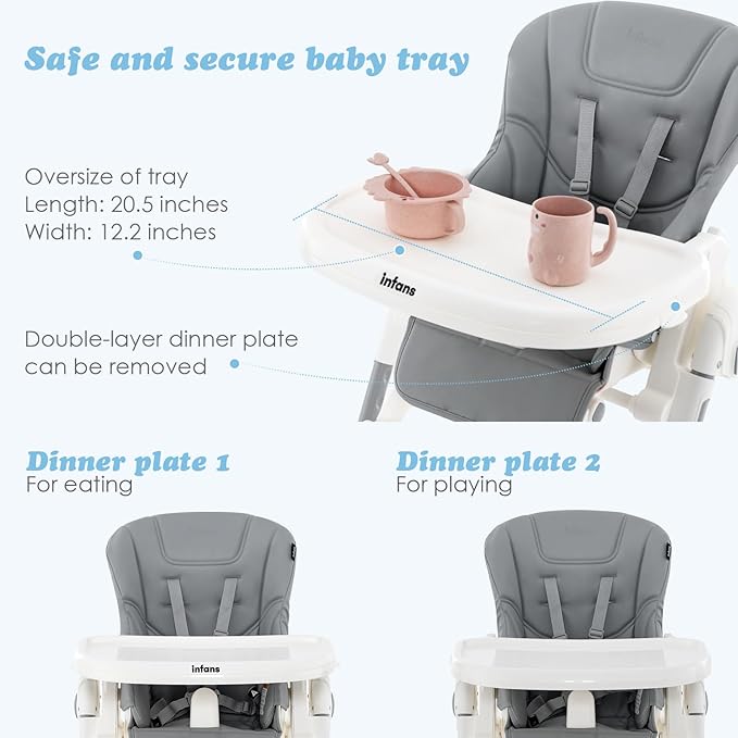 INFANS High Chair for Babies & Toddlers, Foldable Highchair with Multiple Adjustable Backrest Footrest Seat Height, Removable Tray, Detachable PU Leather Cushion, Built-in Rear Wheels (Light Grey)