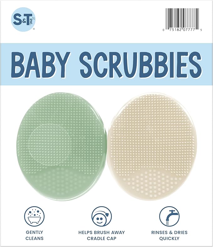 S&T INC. Exfoliating and Massaging Cradle Cap Bath Brushes for Baby, Silicone - 2 Inch x 2.5 Inch, Sage Green & Cream, 2 Pack