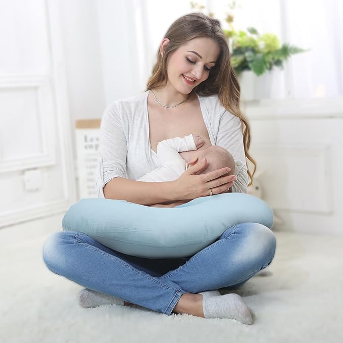 LAT Nursing Pillow for Breastfeeding,100% Cotton Removable Cover,Ergonomic Breast Feeding Pillows for Mom and Baby,Machine Washable(Baby Blue)