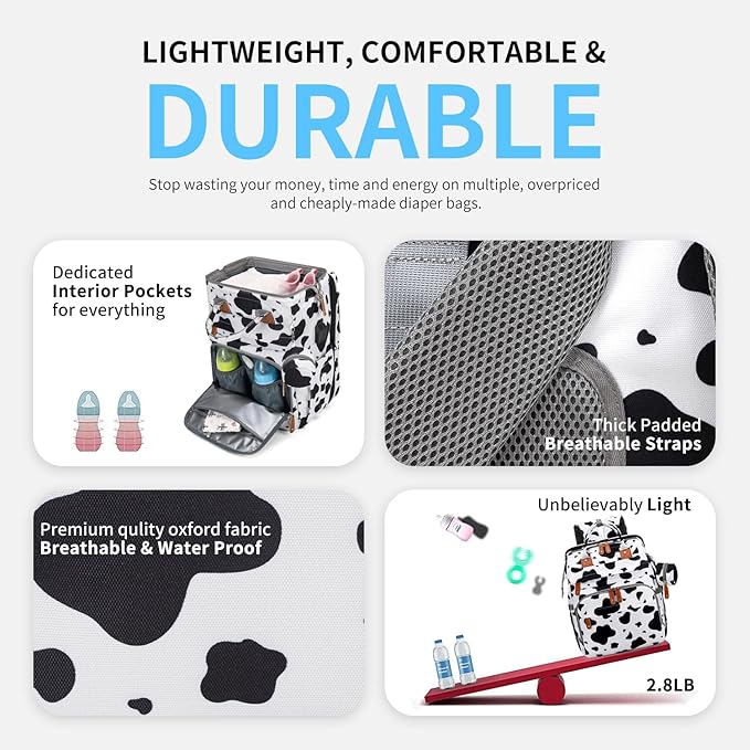KABAQOO Diaper Bag Backpack with Detachable Changing Station, Large Capacity Baby Diaper Bags for Boys & Girls, Baby Registry Search Stuff & Shower Gifts, Newborn Essentials Must Haves, Cow
