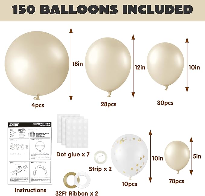 JOYIN 150 Pcs Sand White Balloons, Different Sizes 18 12 10 5 Inch Sand White Latex Balloon Arch Kit with Instruction for Birthday Party Graduation Wedding Holiday Decoration