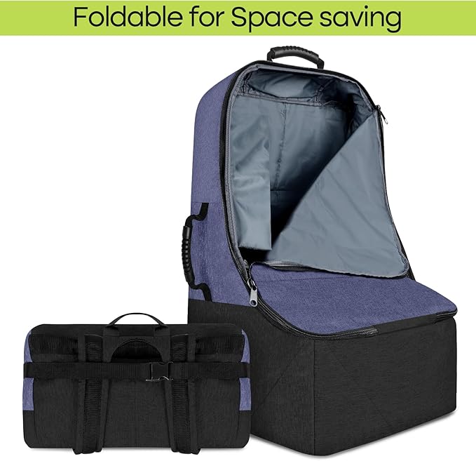 Padded Car Seat Travel Bag for Airplane, Heavy Duty Backpack for Air Travel, Water-Resistant Carrier with Shoulder Strap, Fits Most Car Seats (Blue+Black)