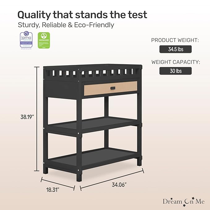 Dream On Me Doula Changing Table in Matte Black – JPMA & GREENGUARD Gold Certified, Enclosed Dressing Area for Safety, Two Spacious Storage Shelves & A Closed Drawer, Converts to Nightstand