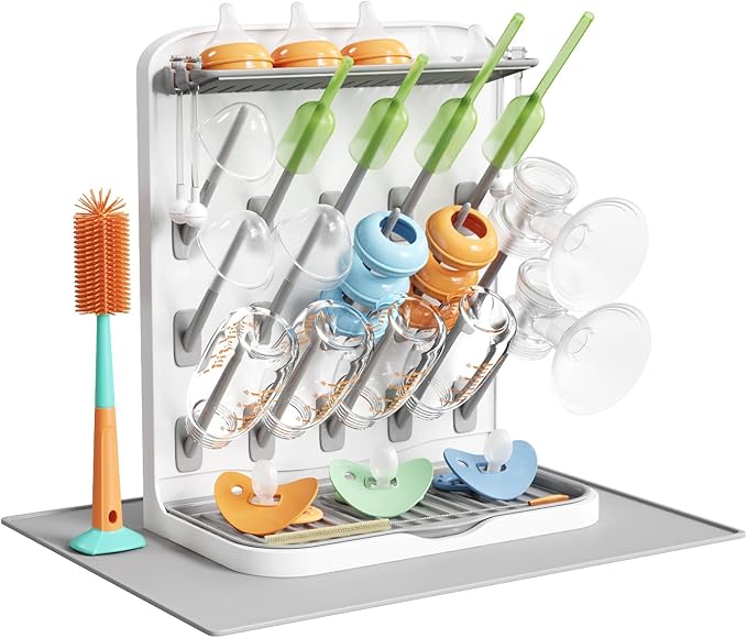 Lifewit Large Baby Bottle Drying Rack with Drain Mat, 15 Hooks Vertical Rack Dryer with Removable Pacifiers Box, Drip Tray, Space Saving Countertop Holder Organizer for Weighted Straws, Pump Parts