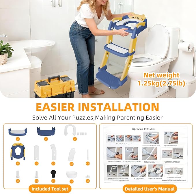 Potty Training Seat, Upgrade Toddler Toilet Seat for Kids Boys Girls, 3 in 1 Potty Training Toilet with Step Stool Ladder-Non Slip Foldable (Blue+Yellow)