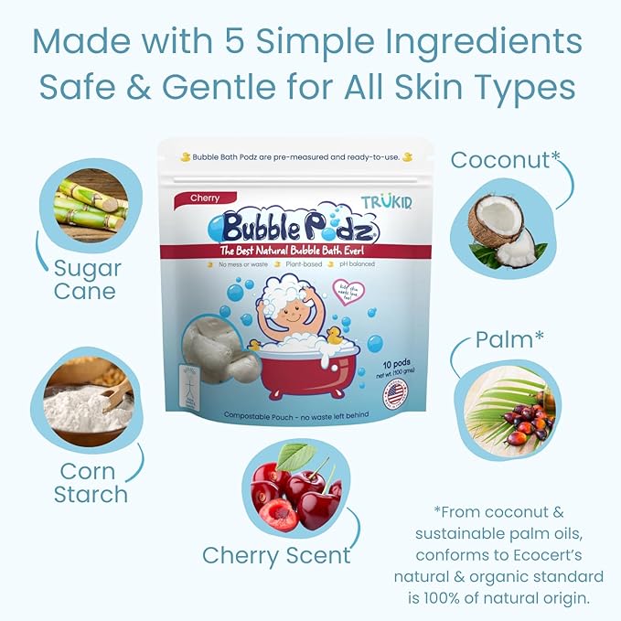 TruKid Bubble Podz Bubble Bath for Kids, Toddlers, & Babies, Tear Free Gentle & Refreshing Bath Bomb for Sensitive Skin with Natural Moisturizers, Non-Toxic, pH Balanced, Cherry Scent (24 Podz)