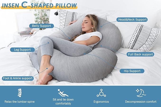 INSEN Cooling Pregnancy Pillow, Maternity Pillow for Pregnant Women, C Shaped for Side Sleeping(Cooling Silky Grey)