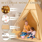 Teepee Tent for Kids with Mat, Cotton Canvas Kids Teepee with Pompom for Toddlers Indoor Play Tent for Girls Boys with Stars Lights, Carry Bag, Banner Flag (Khaki)