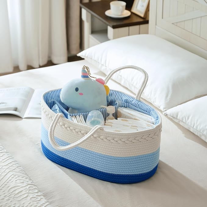 luxury little Diaper Caddy Organizer, Large Cotton Rope Nursery Basket, Changing Table Organizer for Baby Diaper Storage, Portable Car Organizer with Removable Divider, Baby Shower Gifts - Blue