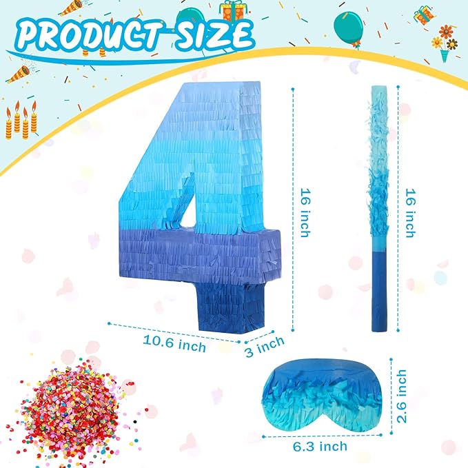 Sratte Number 1 2 3 4 5 6 7 8 9 Piñata with Stick Blindfold Confetti, Gradient Blue Piñata for Kids Boys Girls Birthday Party Anniversary Decorations Supplies(Number 4)