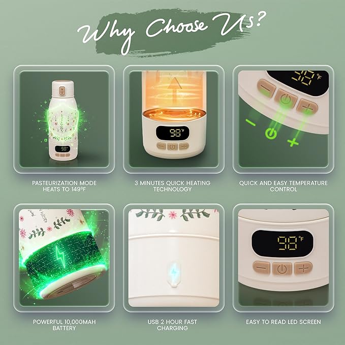 Portable Bottle Warmer for Travel 17oz Capacity - Fast Heating for Milk & Water, Portable Milk Warmer Suitable for Baby Outdoor, Airplane, and Car - Long Battery Life & Fast Charging