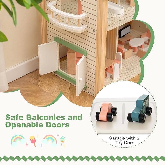Costzon Wooden Dollhouse for Kids, 3-Story Luxury Doll House with 36 Pieces Furniture Accessories, 7 Rooms, Stairs & Balcony, DIY Pretend Dollhouse Playset, Gift for Girls Toddlers Ages 3+ (Green)